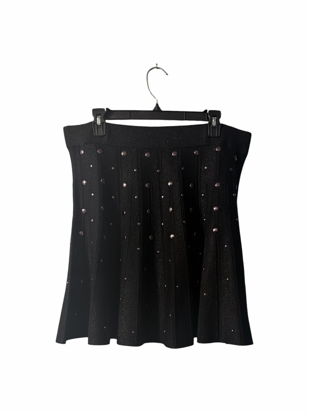 DKNY Dark Academia Womens L Black Studded Rib Knit Fit Flare Skirt NWT MSRP $129